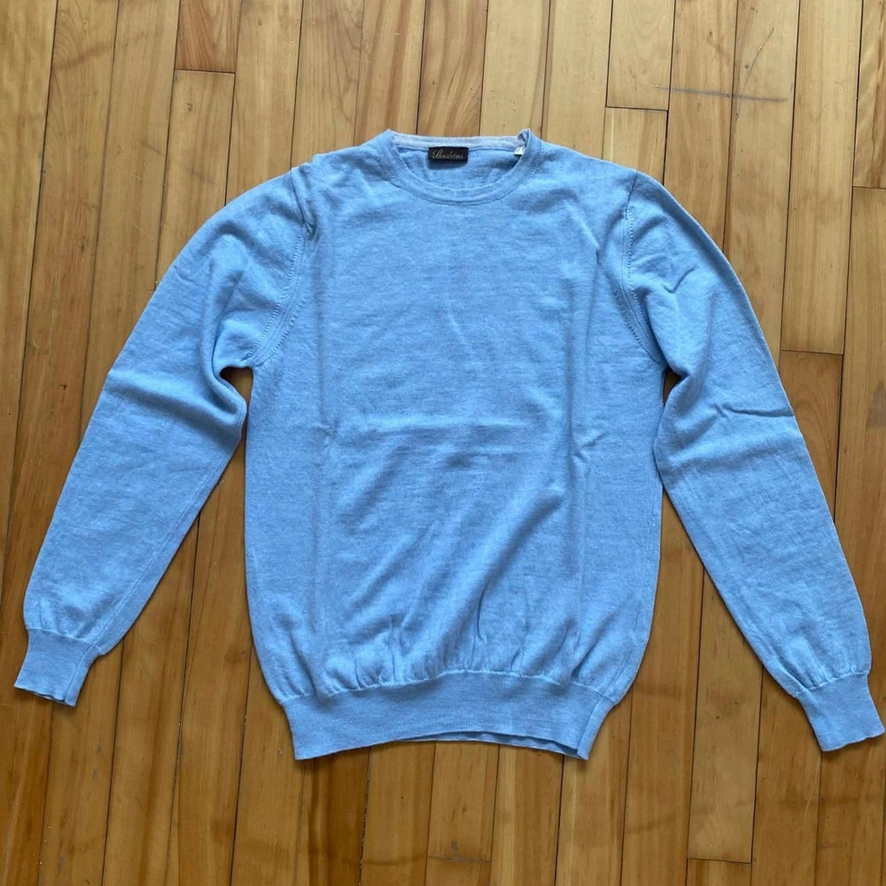 Stenstroms Crew Neck Sweater Light Blue Elbow Patches Mens Small Merino wool